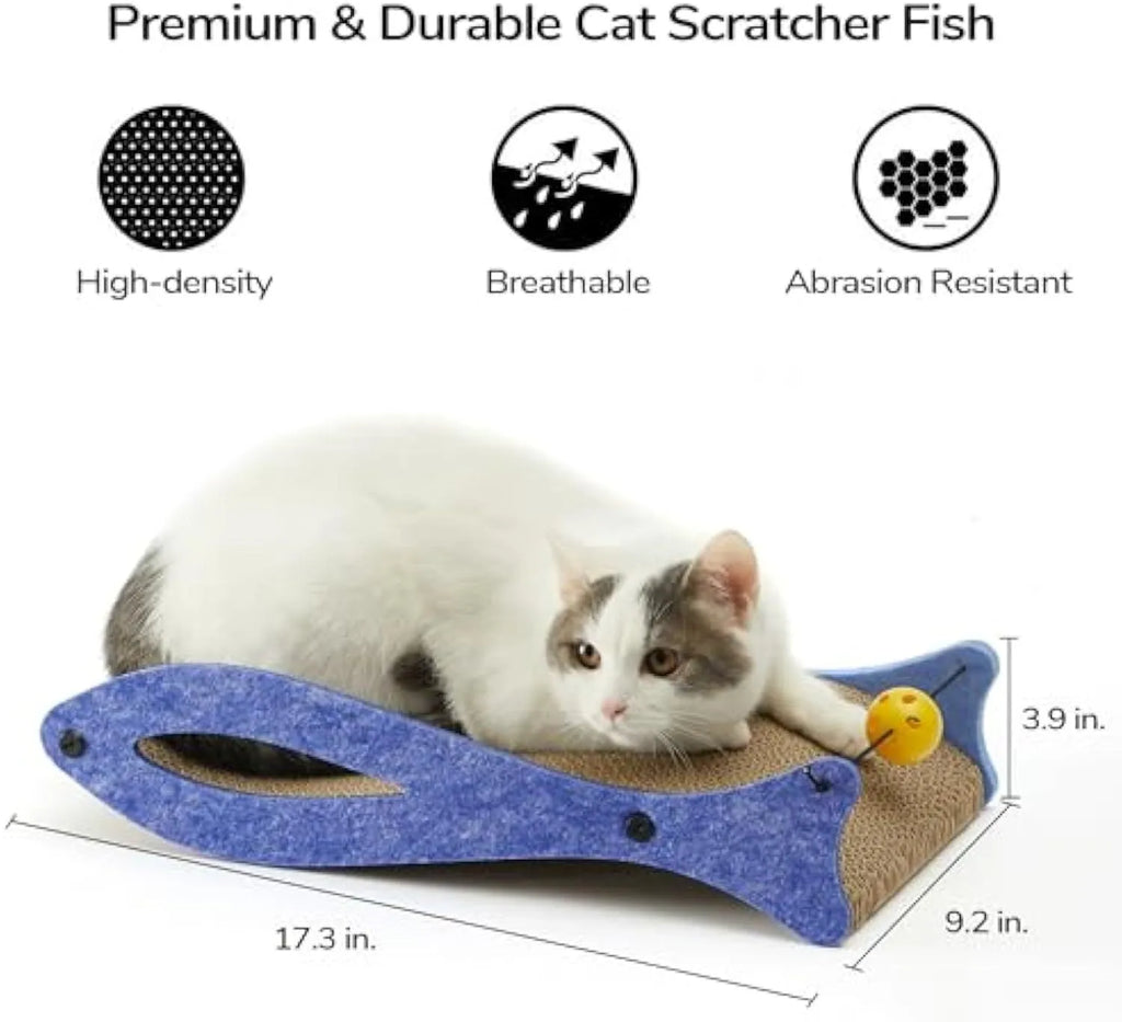 Blue fish-shaped cardboard cat scratcher with ball toy on elastic cord