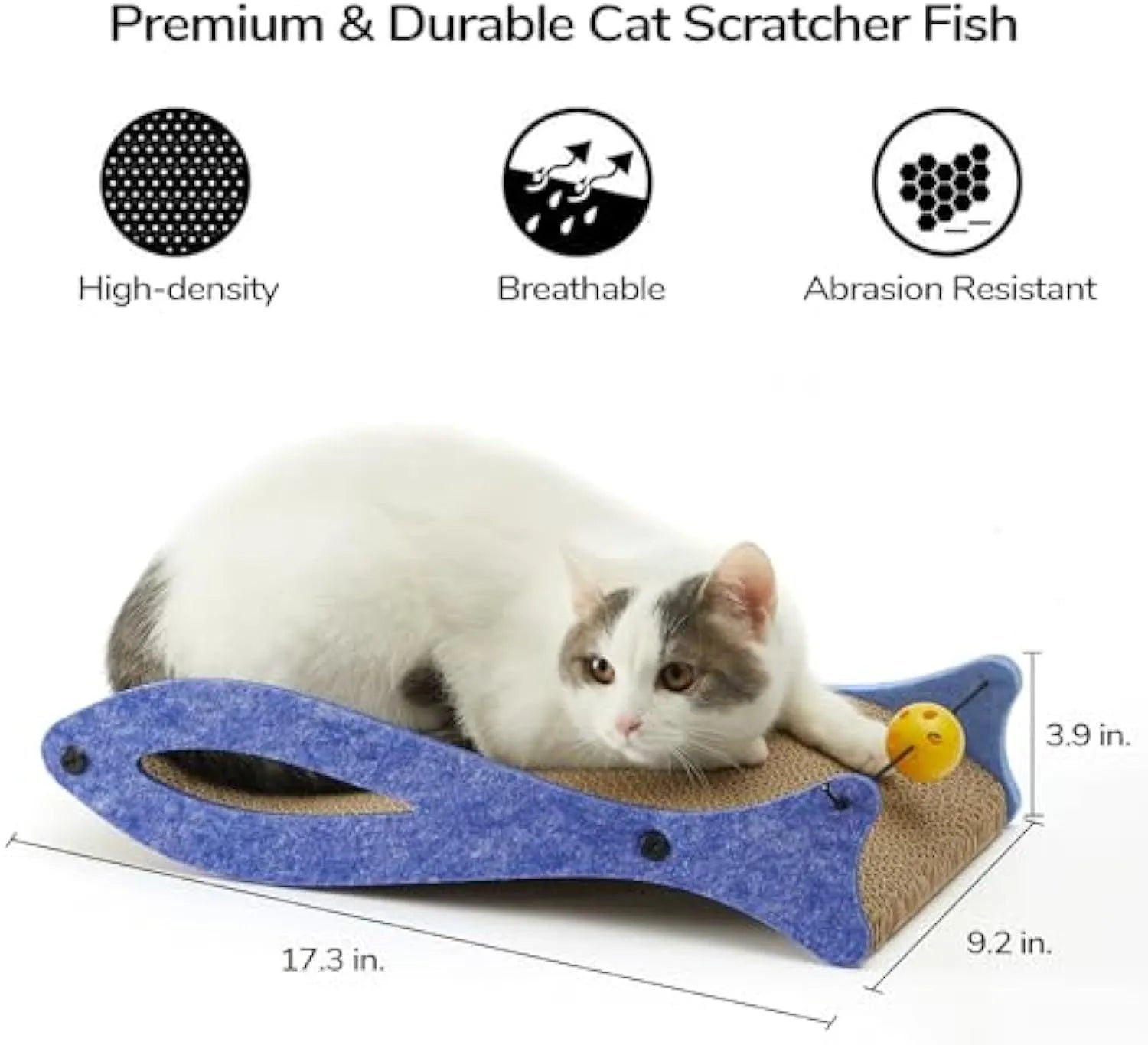 Blue fish-shaped cardboard cat scratcher with ball toy on elastic cord