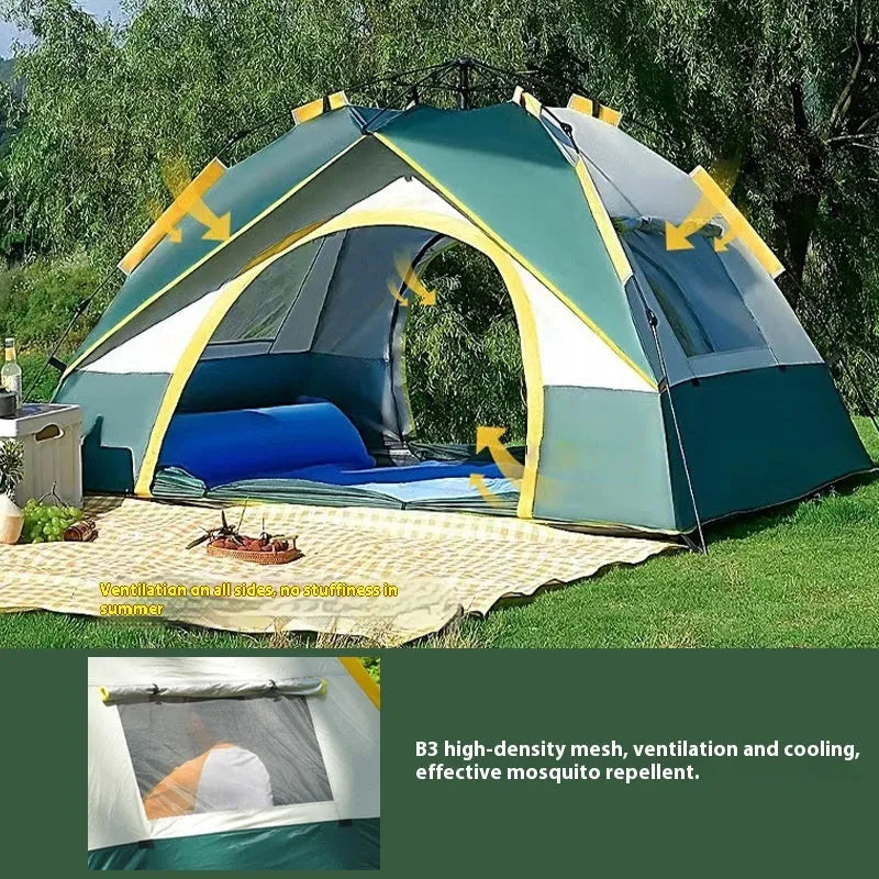 Dark green silver glue camping tent for 3-4 people with automatic quick-open setup
