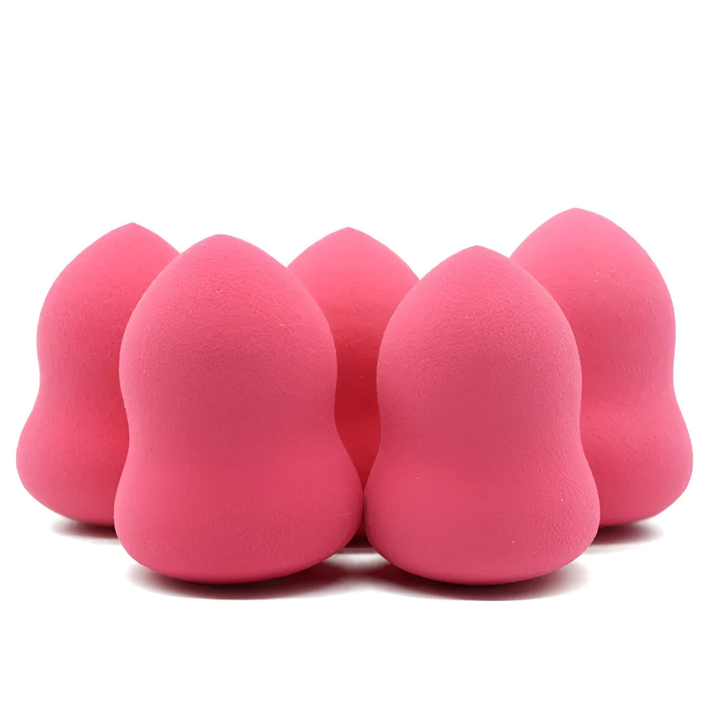 Pink makeup foundation sponge with hydrophilic non-latex material measuring 4cm by 4cm by 5.6cm
