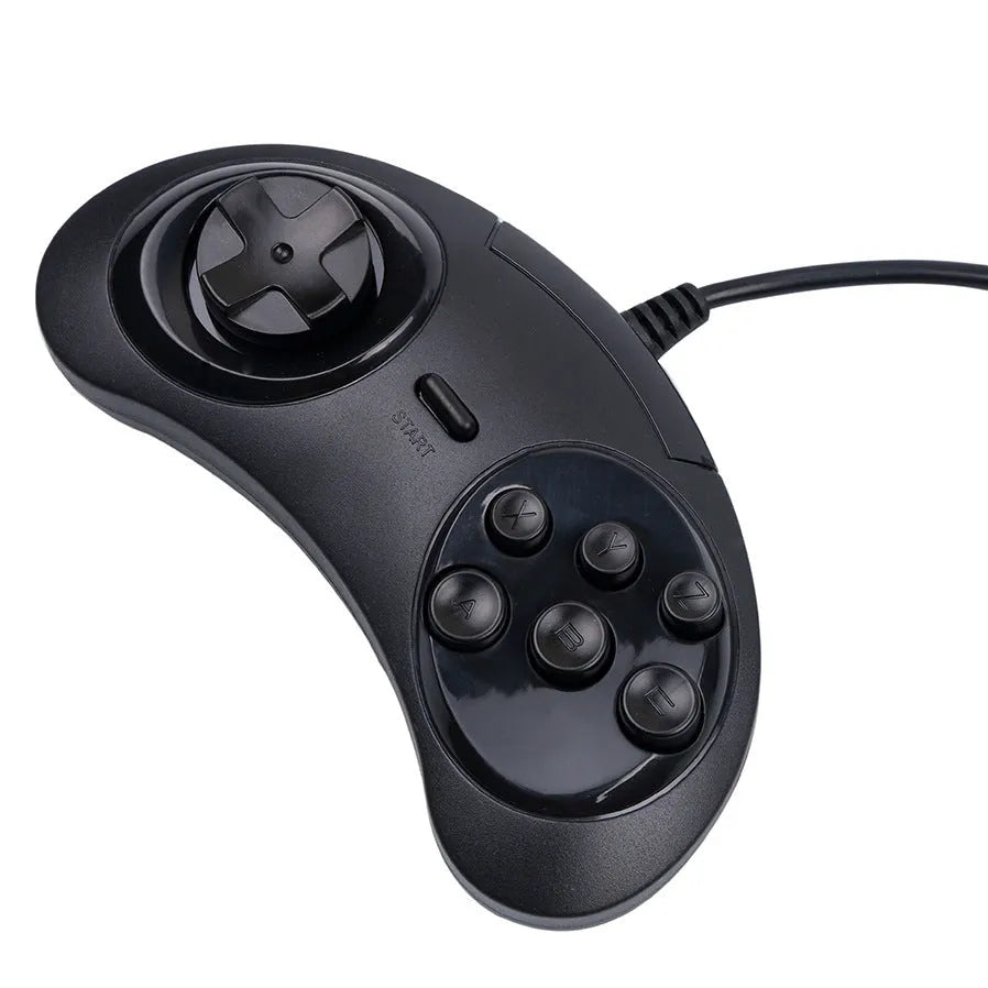 Black Sega USB wired PC game controller with 1.8 metre cable on a white background