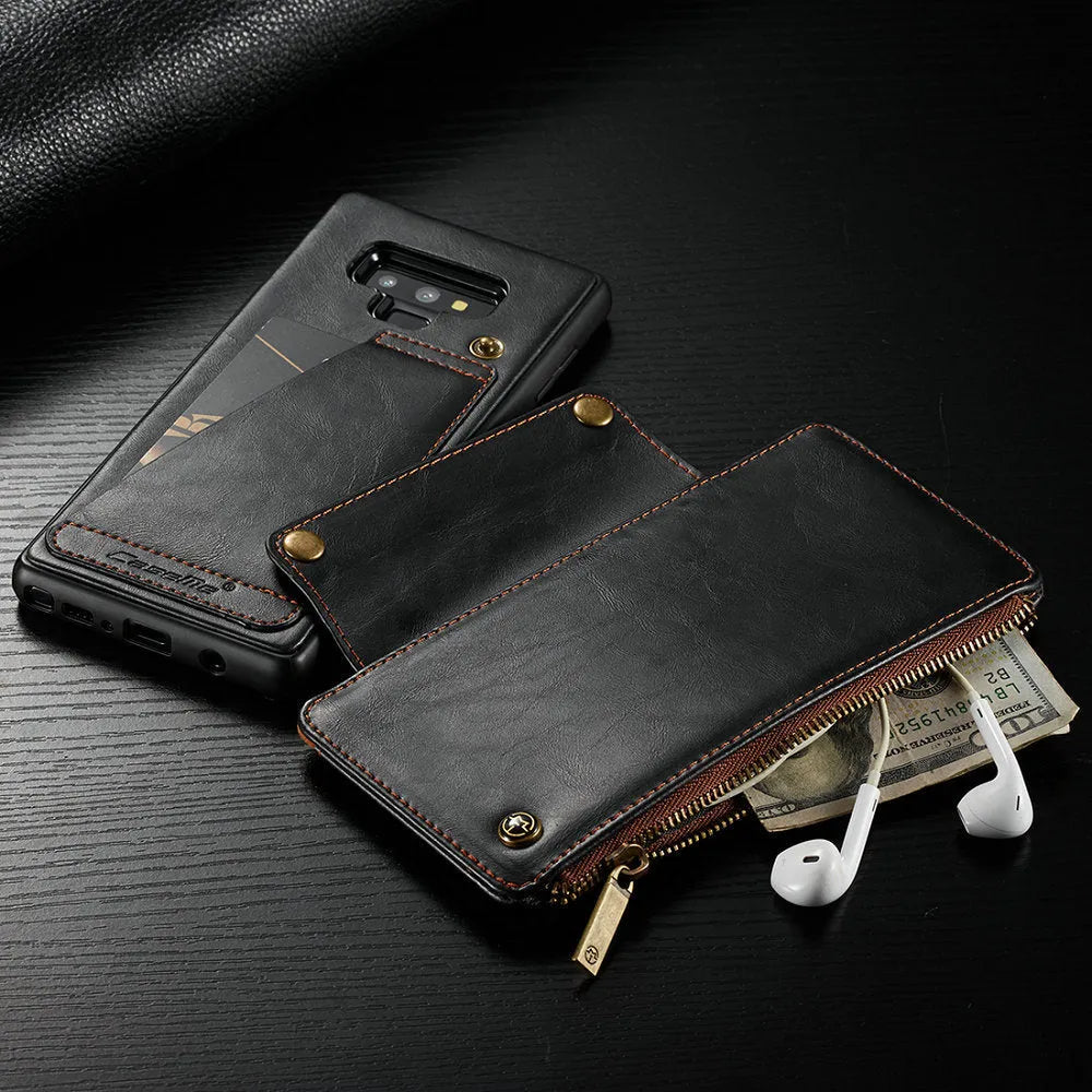 Black PU leather flip phone case for Samsung Galaxy Note9 shown open and closed.