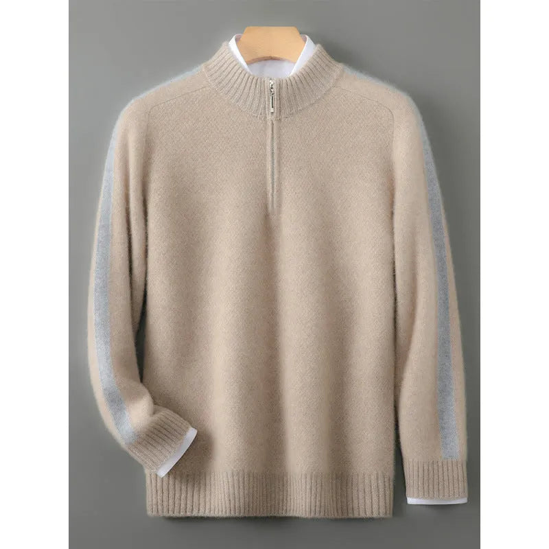 Sheep wool half-zip knitted sweater in slim fit, shown in Raw Velvet Camel colour.