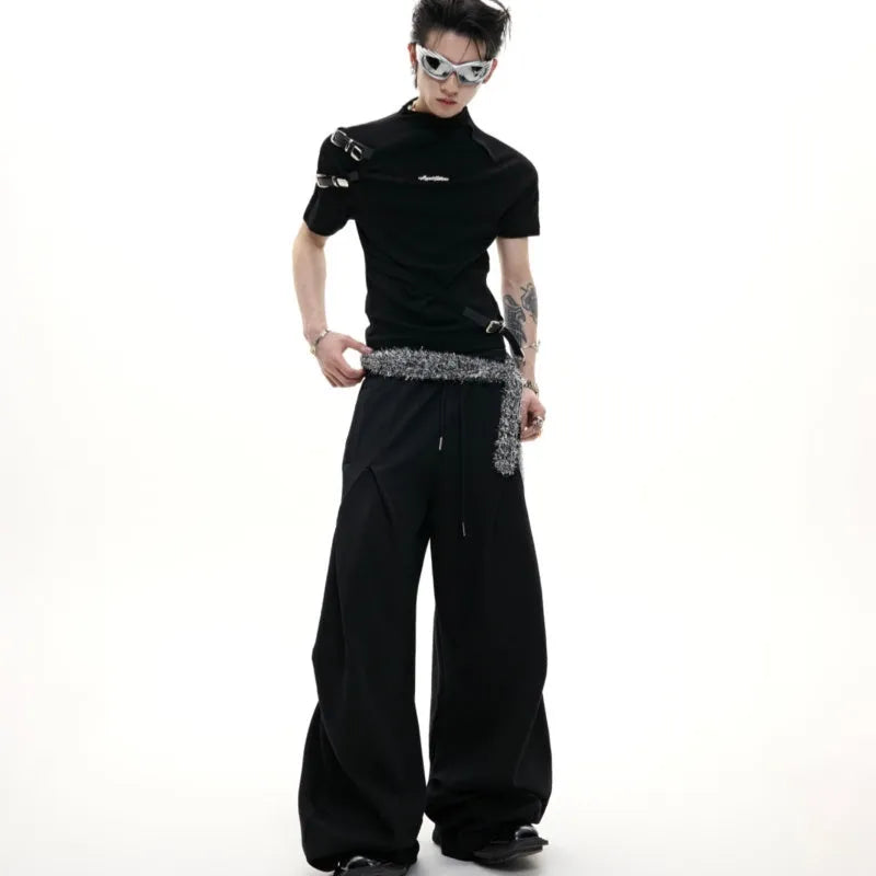 Men's black cotton T-shirt with metal belt design and stand-up collar slim fit styling
