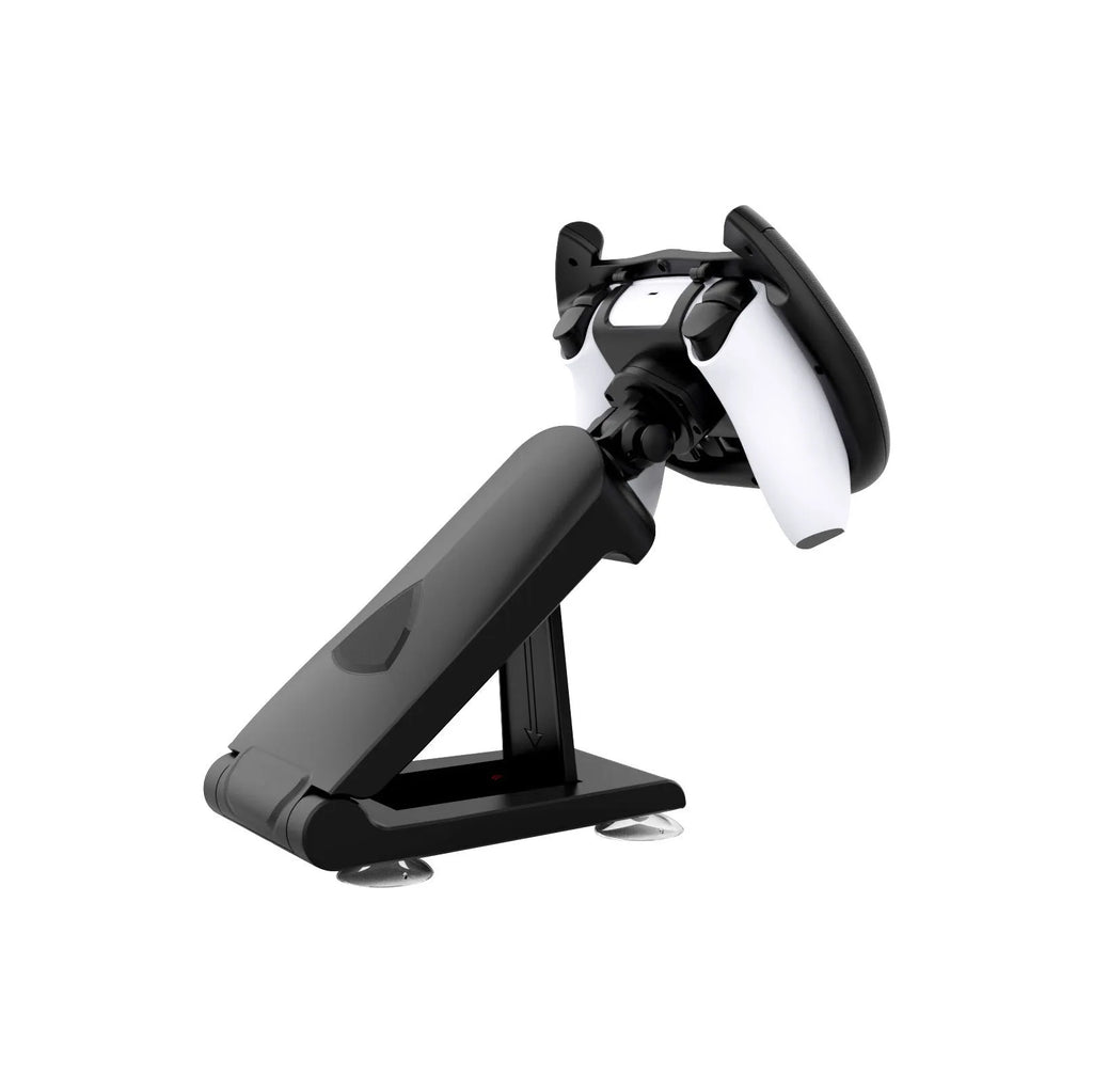 Black ABS plastic gamepad steering wheel bracket with a suction cup for mounting a mobile phone.