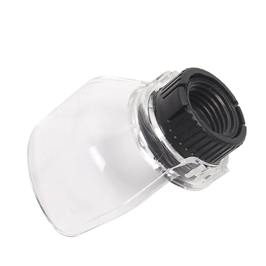 Transparent plastic face guard for Delta electric grinder with thread port.
