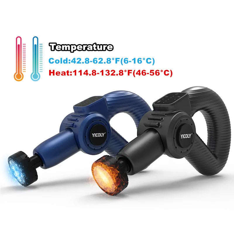 Black smart muscle massage gun with five interchangeable heads and carry bag