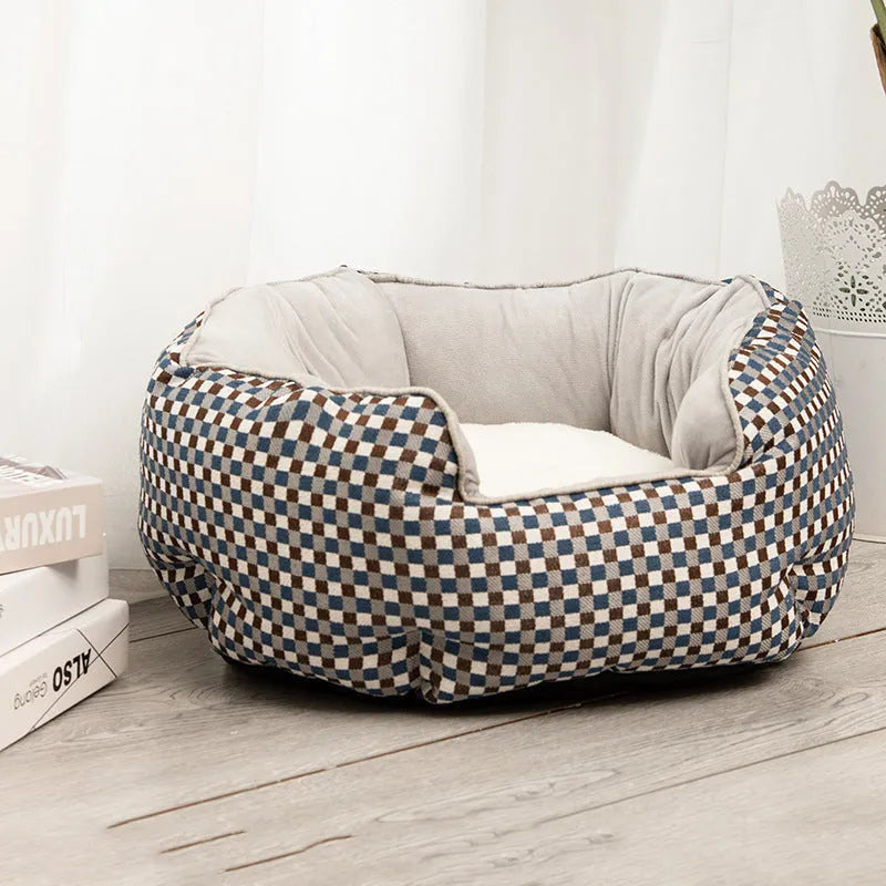 Blue octagonal pet bed with raised sides and removable mats for cats and small dogs