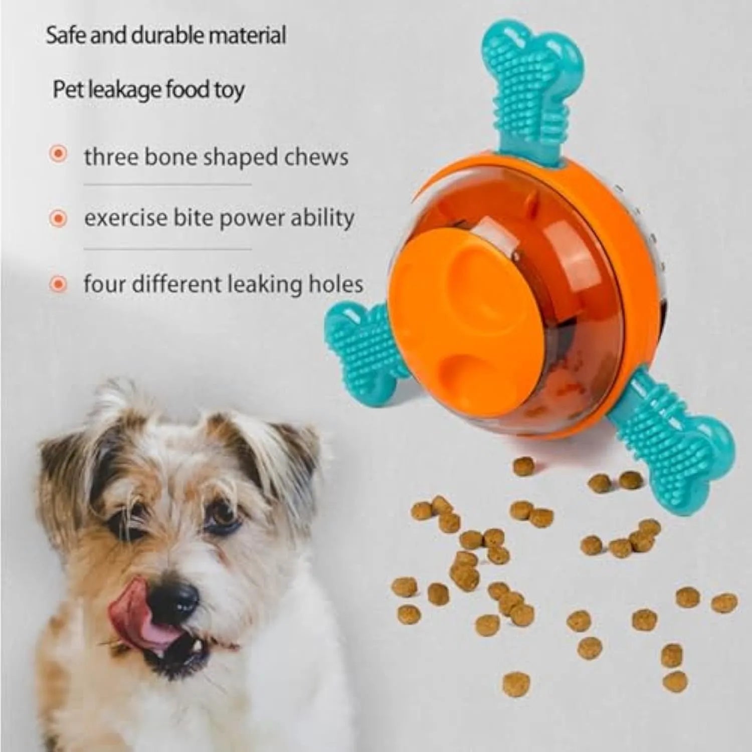 Blue interactive dog puzzle feeder with rubber bones, shown next to a small puppy