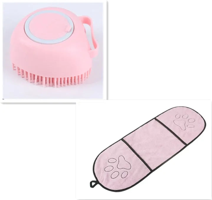 Blue silicone dog bath brush with finger grip handle for washing and massaging