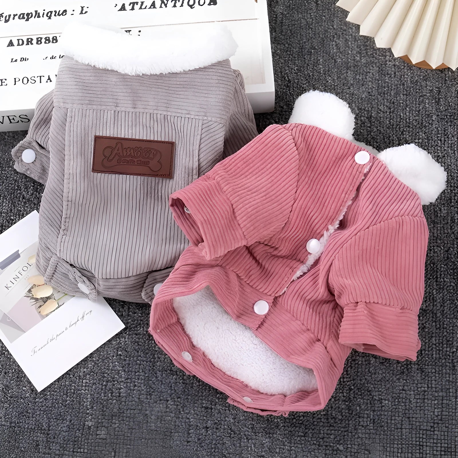 Lambswool fleece-lined dog vest in grey or pink available in sizes XS to XXL