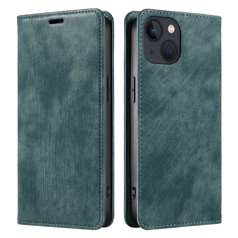 Magnetic flip iPhone case in black with TPU leather construction and magnetic closure flap