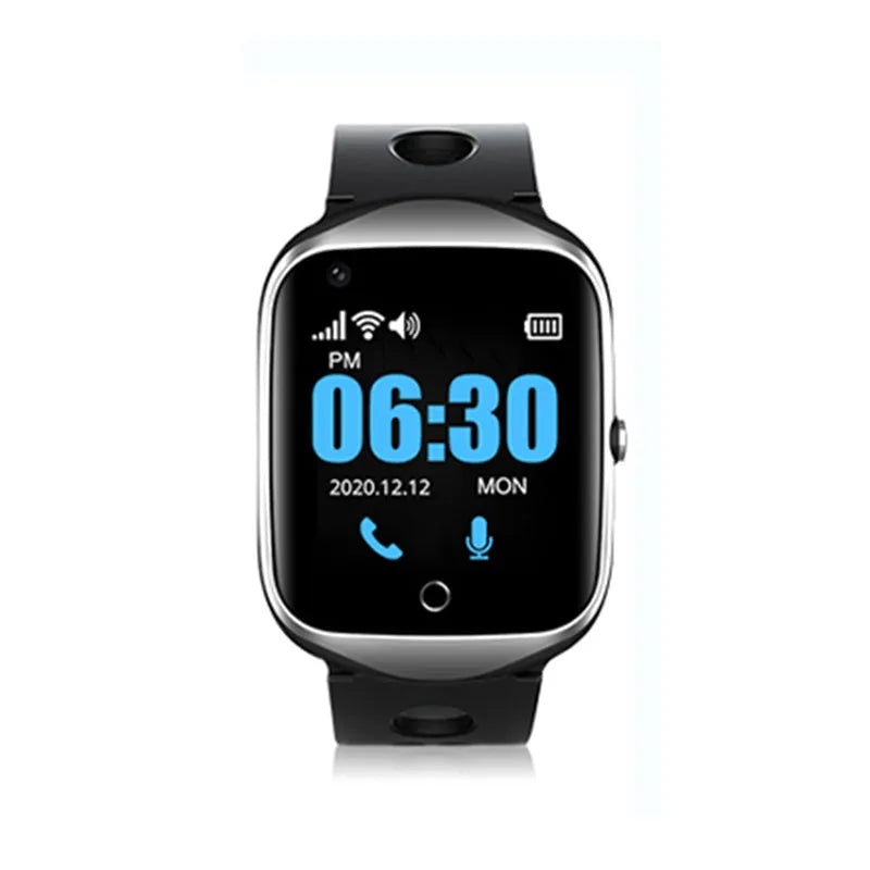 Square elderly safety phone watch with silicone strap showing 1.3-inch touchscreen display