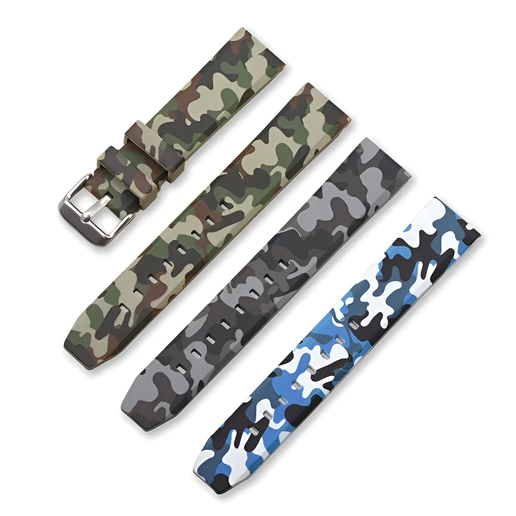 Green camouflage silicone watch strap showing 20mm width and 5mm thickness