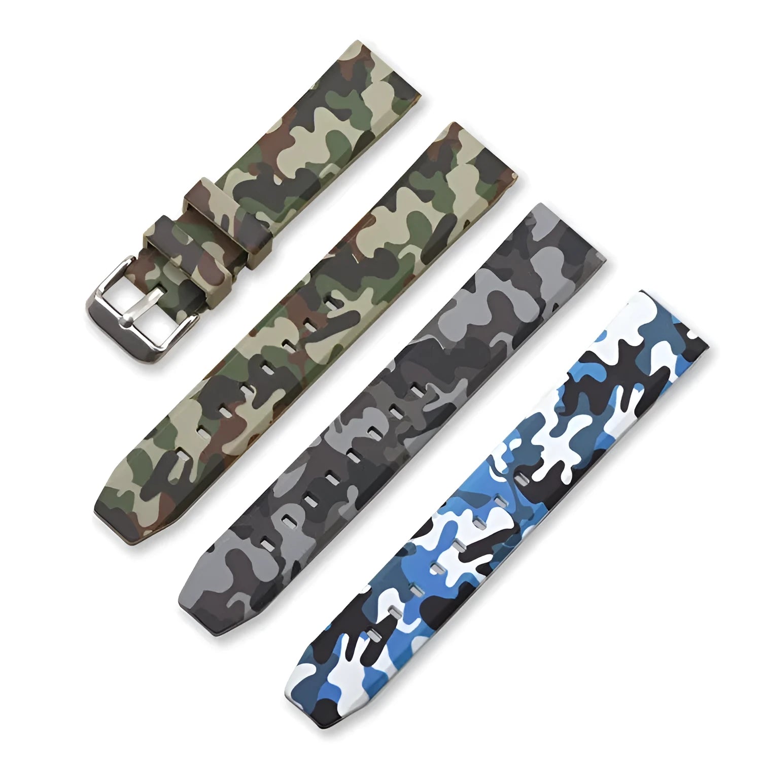 Green camouflage silicone watch strap showing 20mm width and 5mm thickness