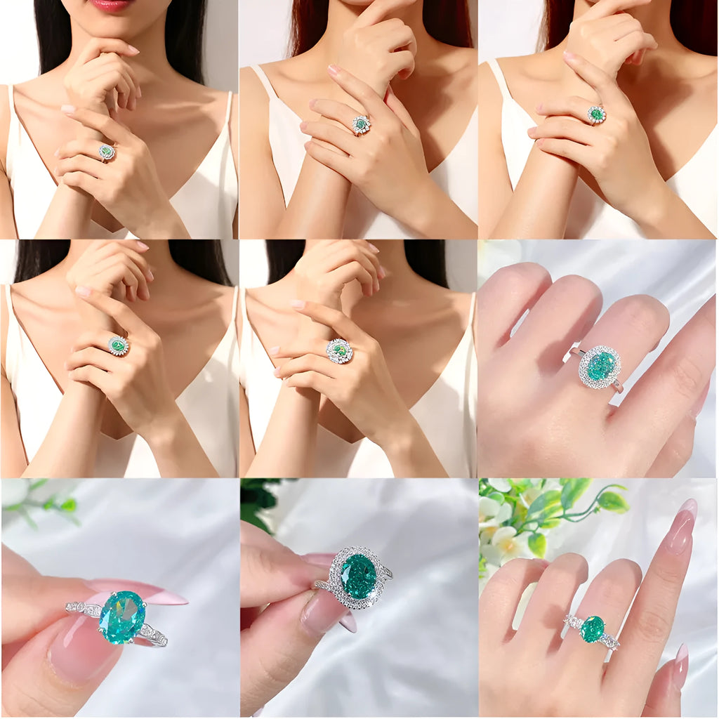 Women's S925 sterling silver ring with an inlaid green emerald Palaibahao and high carbon diamond accents on a geometric band.