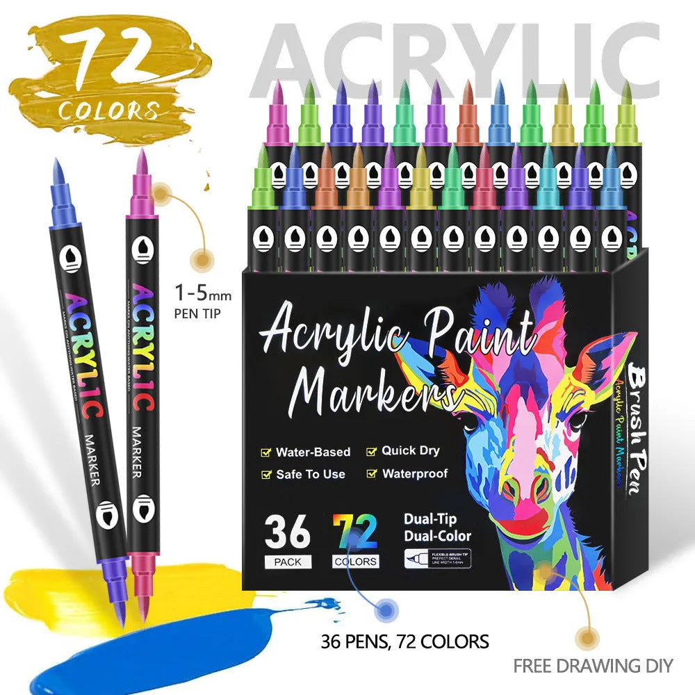 Set of double-headed acrylic marker pens with opaque, washable ink in assorted colours.