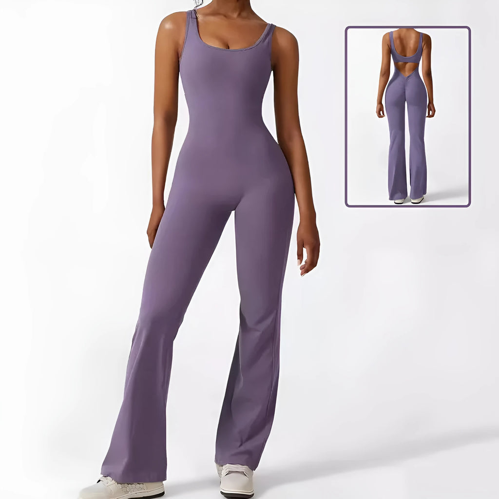 Women's sleeveless flare jumpsuit in polyester for fitness and yoga