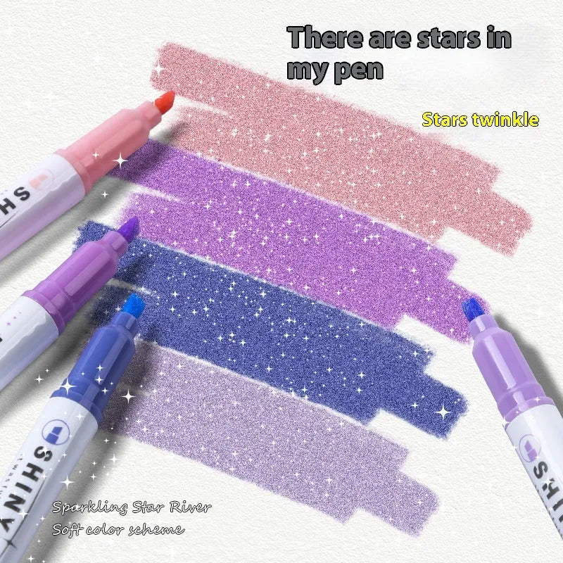 Set of four glitter highlighter pens with slanted tips in six colours including taro puff and mung bean smoothie
