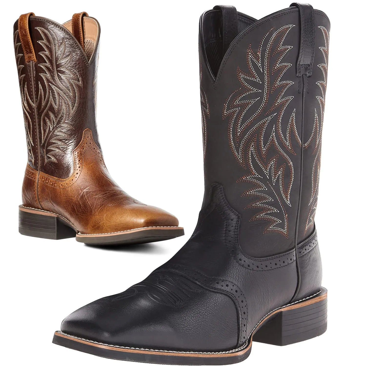 Men's brown cowboy boots with detailed embroidery on the high shaft and a square toe.