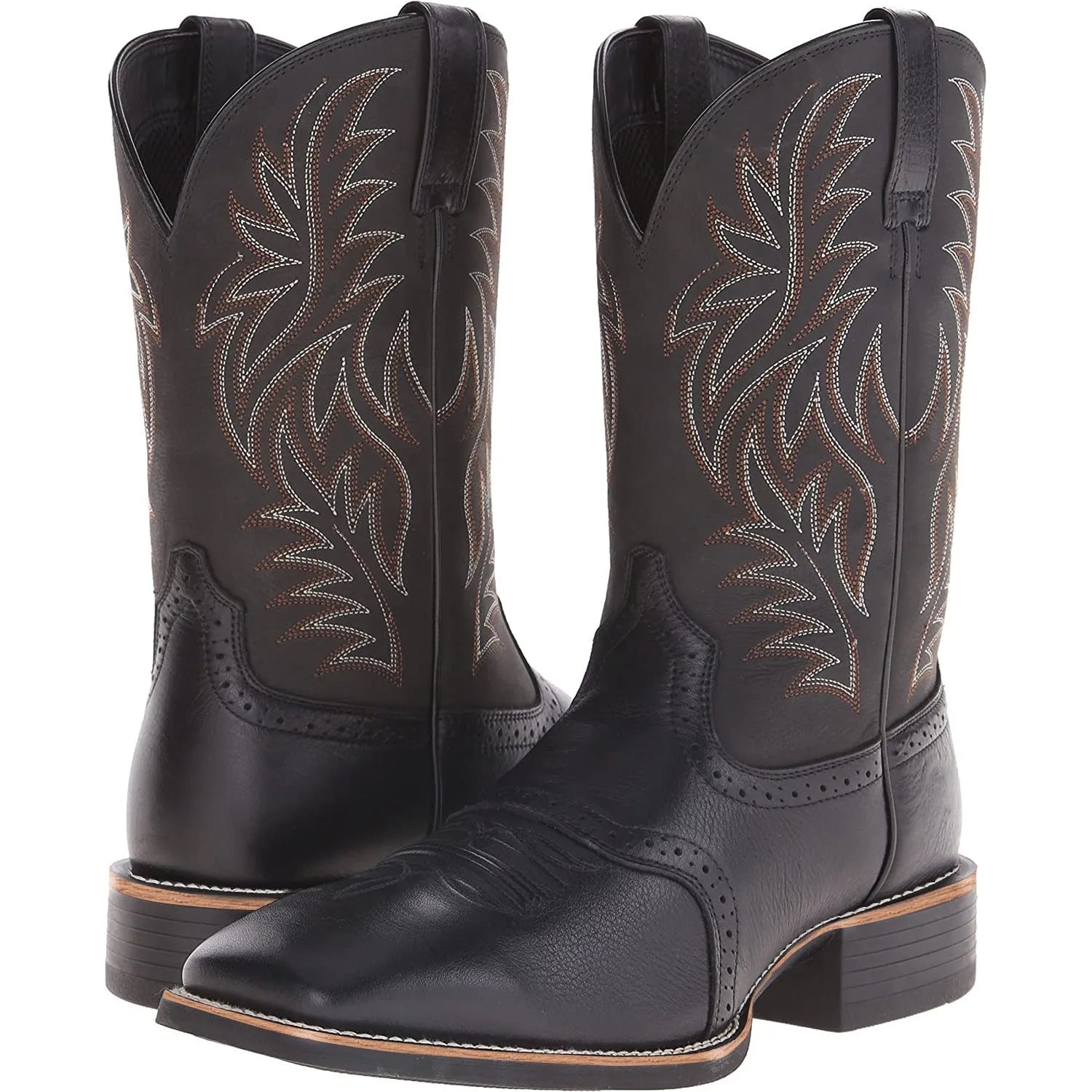 Men's brown cowboy boots with detailed embroidery on the high shaft and a square toe.