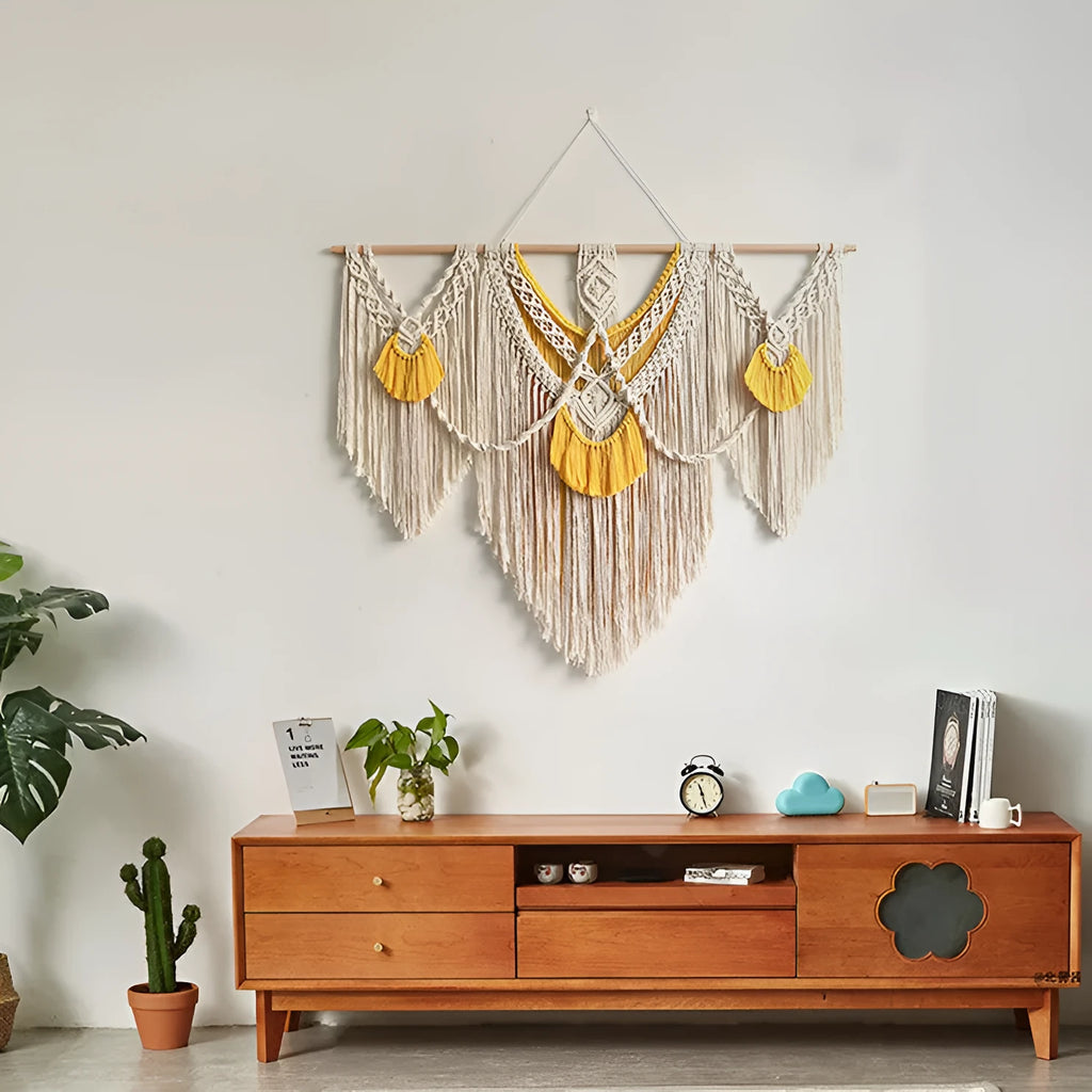 Hand-woven creamy white cotton tapestry with rectangular shape measuring 120cm by 95cm, showing textured Nordic style weaving
