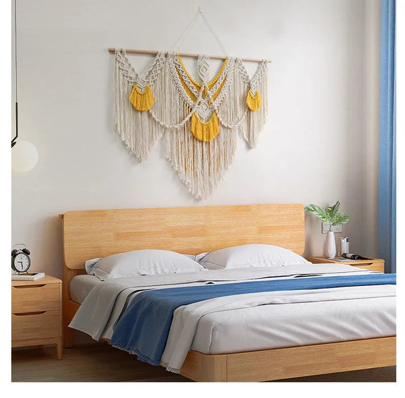 Hand-woven creamy white cotton tapestry with rectangular shape measuring 120cm by 95cm, showing textured Nordic style weaving