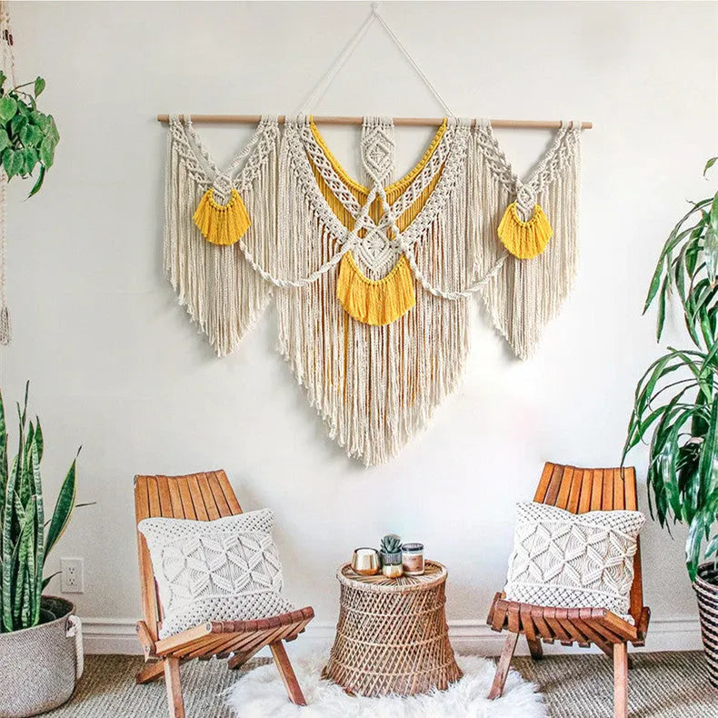 Hand-woven creamy white cotton tapestry with rectangular shape measuring 120cm by 95cm, showing textured Nordic style weaving