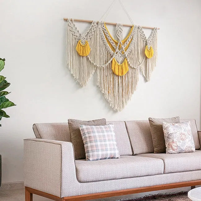 Hand-woven creamy white cotton tapestry with rectangular shape measuring 120cm by 95cm, showing textured Nordic style weaving