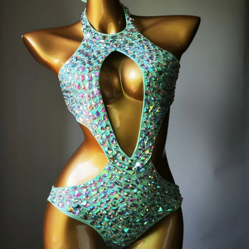 Women's one-piece swimsuit with mesh diamond pattern in army green