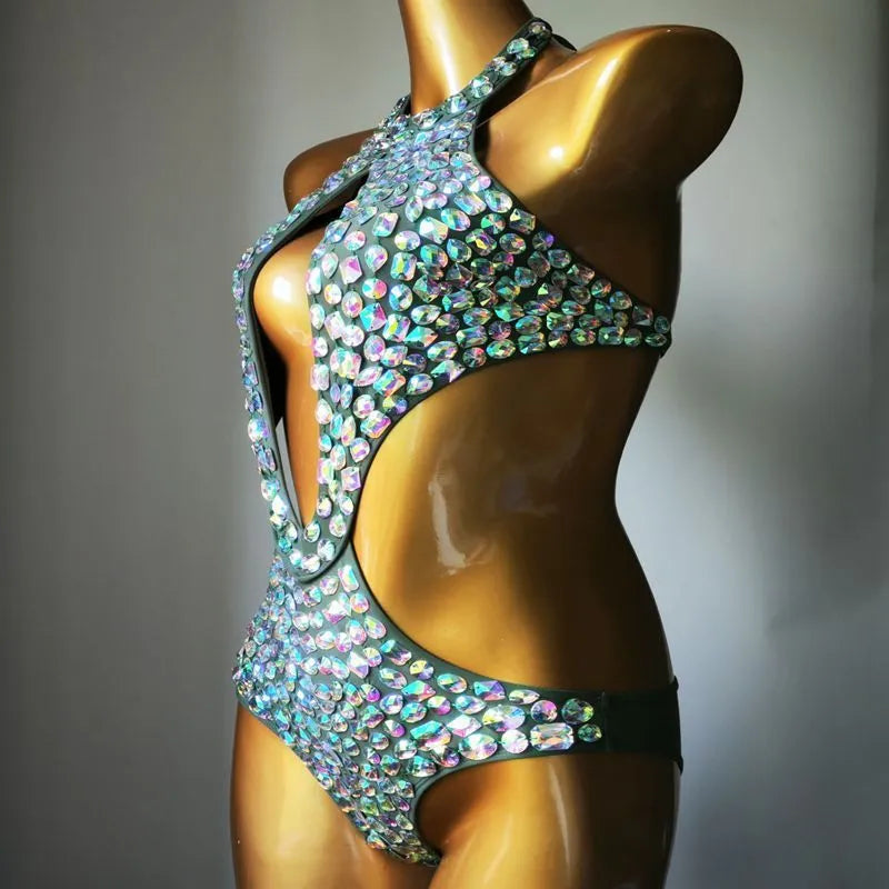 Women's one-piece swimsuit with mesh diamond pattern in army green