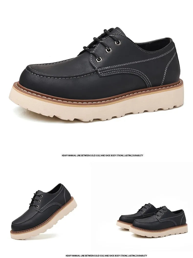 Men's black Martin boots with low-top retro design showing rubber sole and round toe shape
