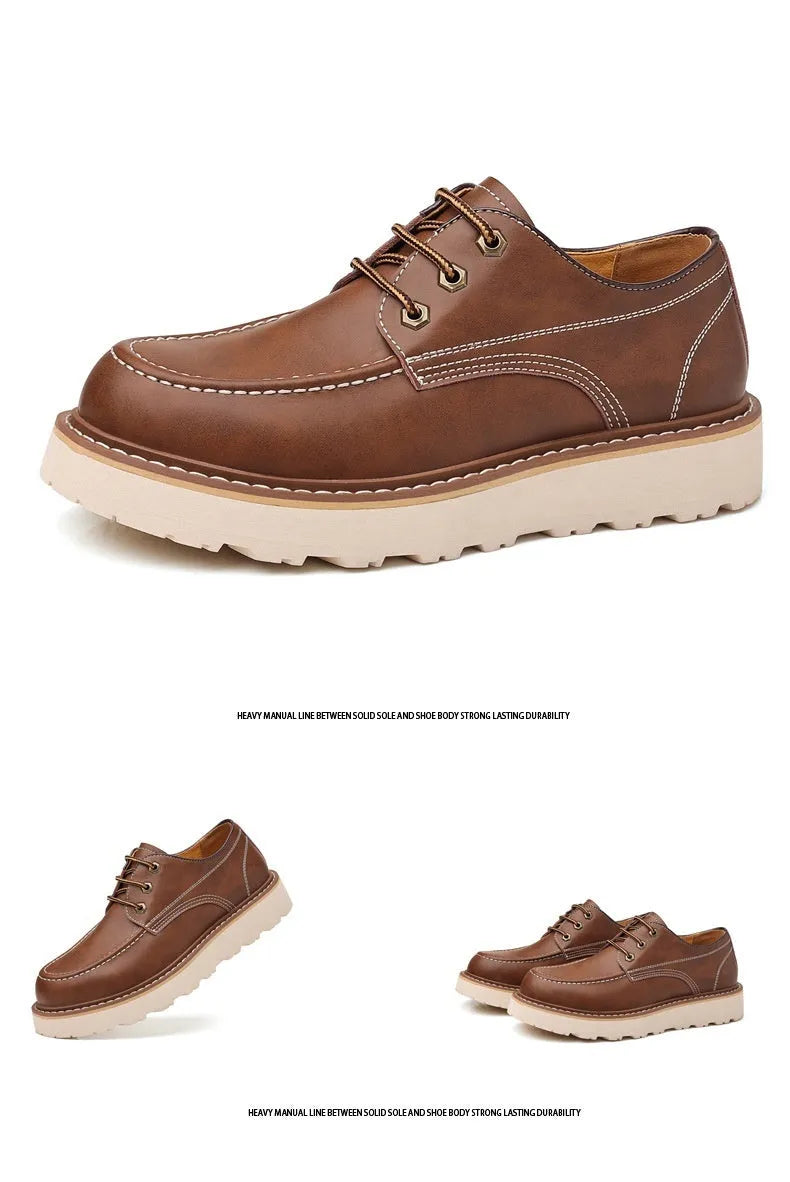 Men's black Martin boots with low-top retro design showing rubber sole and round toe shape