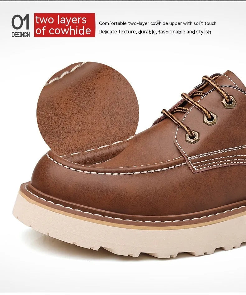 Men's black Martin boots with low-top retro design showing rubber sole and round toe shape