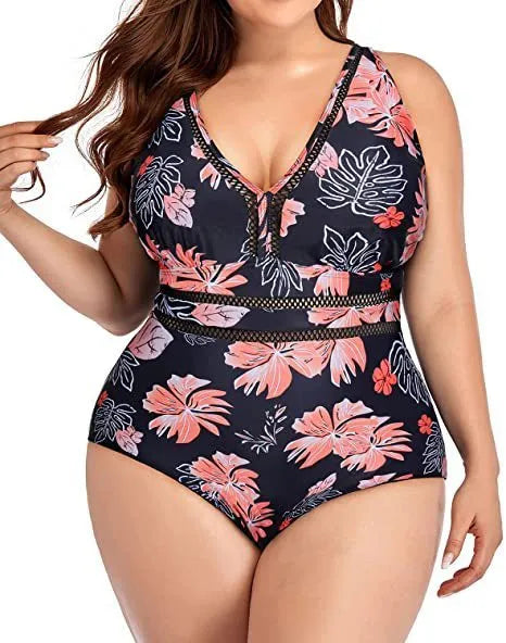 Women's plus size black print bikini swimsuit polyester mesh fabric sizes S to 5XL