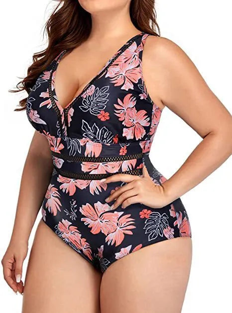 Women's plus size black print bikini swimsuit polyester mesh fabric sizes S to 5XL