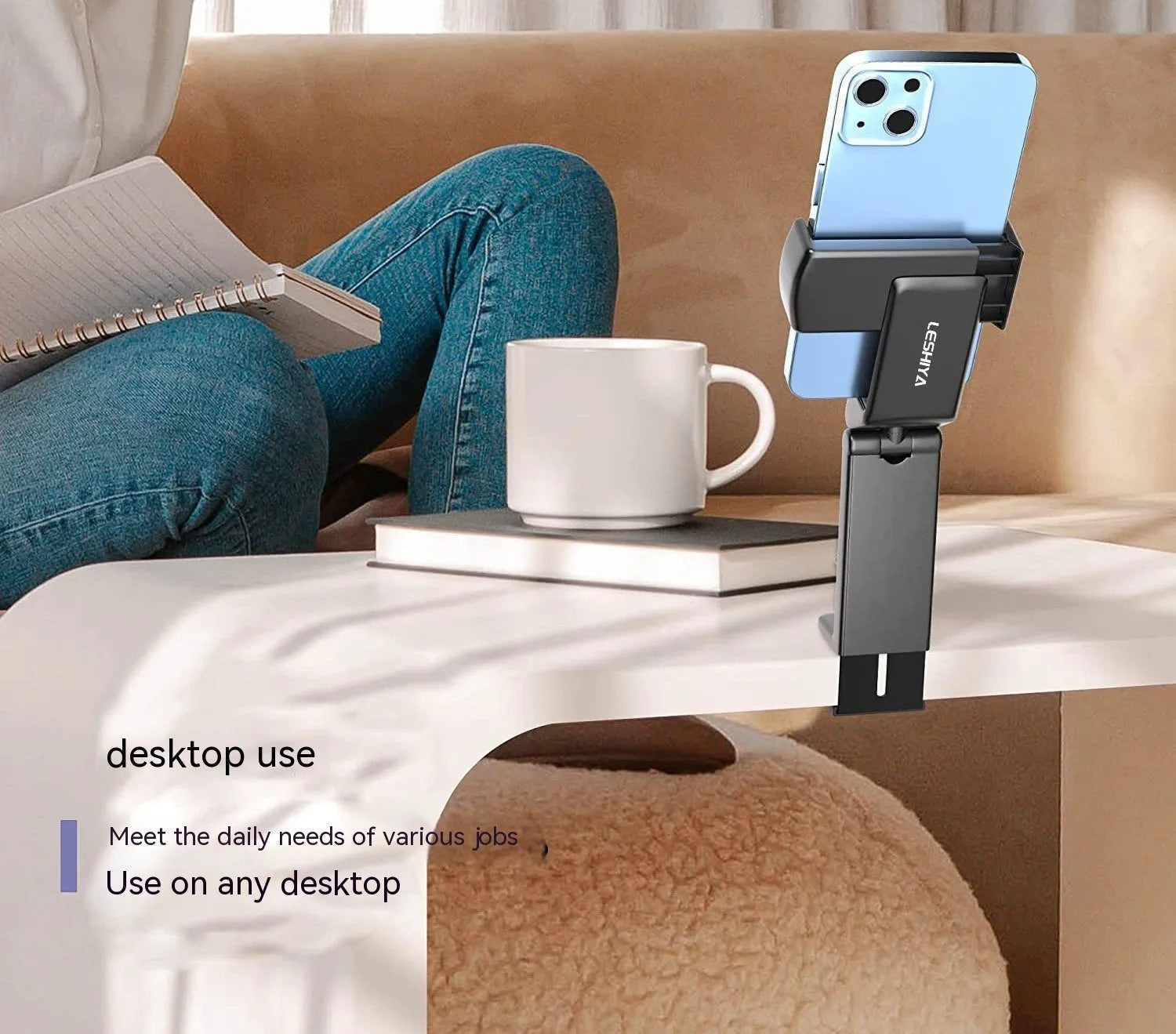 Foldable rotating phone holder in black, grey or green colours showing adjustable angle and universal phone compatibility
