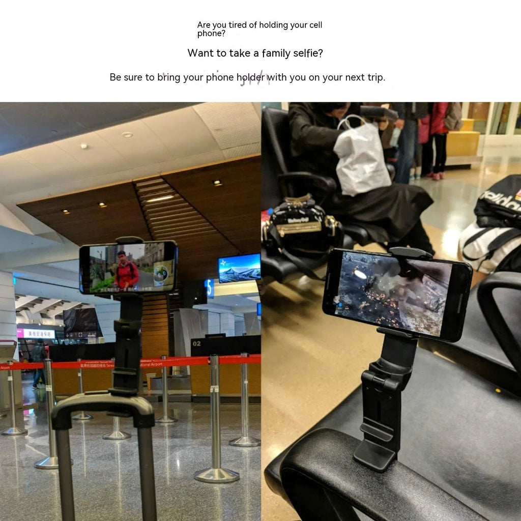 Foldable rotating phone holder in black, grey or green colours showing adjustable angle and universal phone compatibility