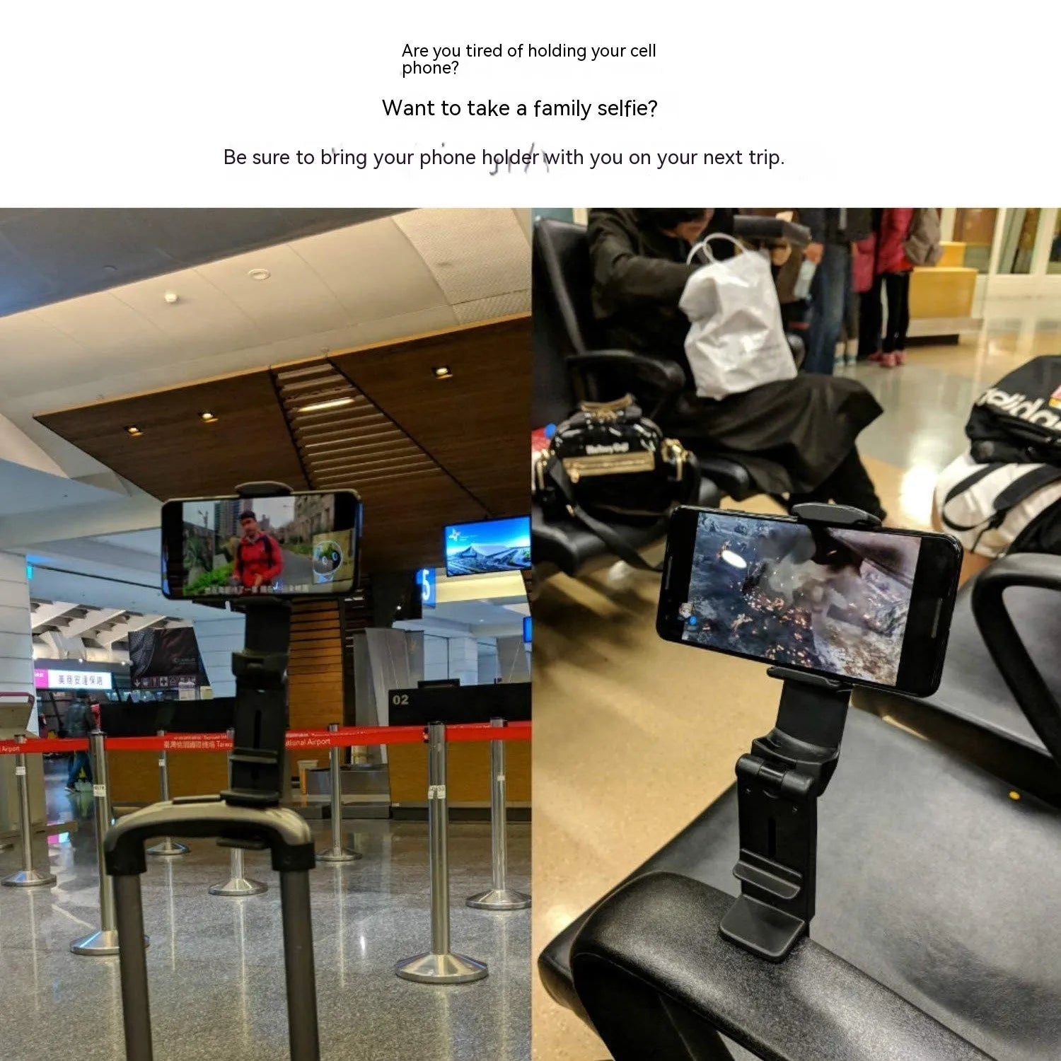 Foldable rotating phone holder in black, grey or green colours showing adjustable angle and universal phone compatibility
