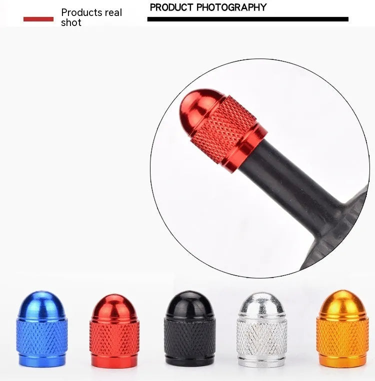 Aluminium alloy mountain bike tyre valve cap in choice of five colours: black, blue, gold, red, silver.