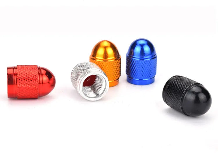 Aluminium alloy mountain bike tyre valve cap in choice of five colours: black, blue, gold, red, silver.