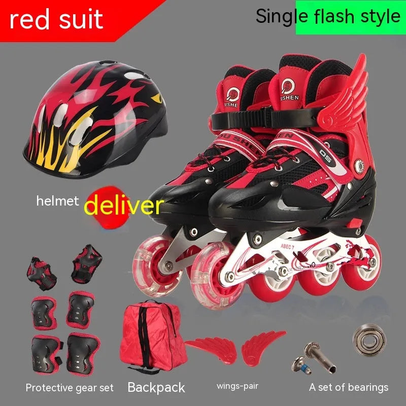 PU adjustable children's skating shoes with aluminium frame in multiple colours including protective gear set