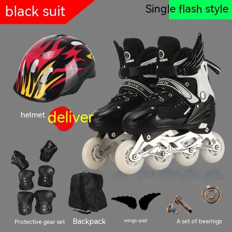 PU adjustable children's skating shoes with aluminium frame in multiple colours including protective gear set