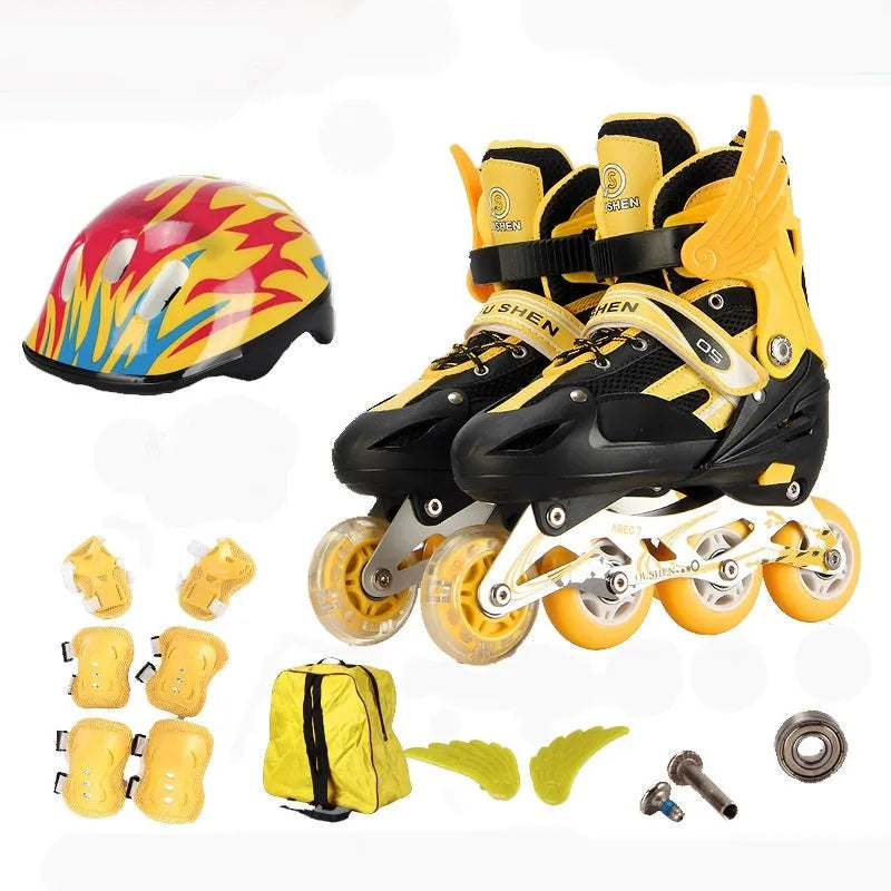 PU adjustable children's skating shoes with aluminium frame in multiple colours including protective gear set