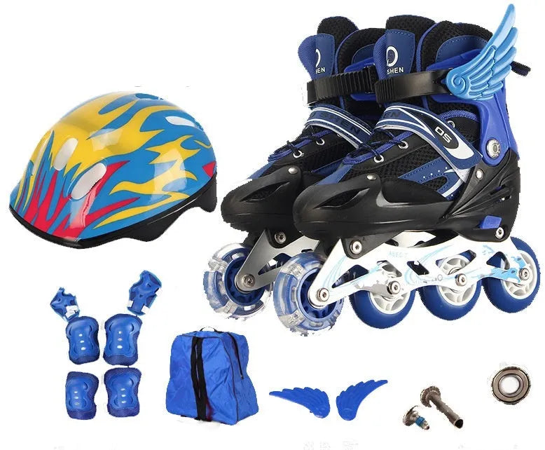 PU adjustable children's skating shoes with aluminium frame in multiple colours including protective gear set