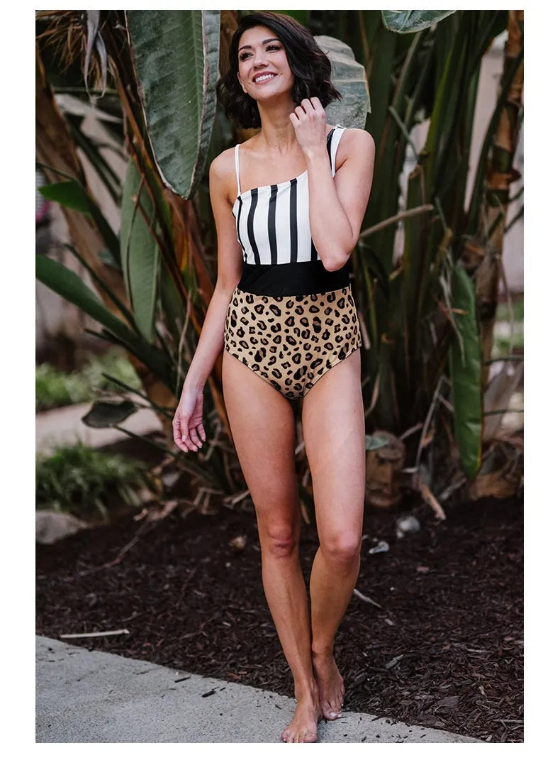 Women's leopard print one-piece swimsuit with asymmetric collar and high waist briefs