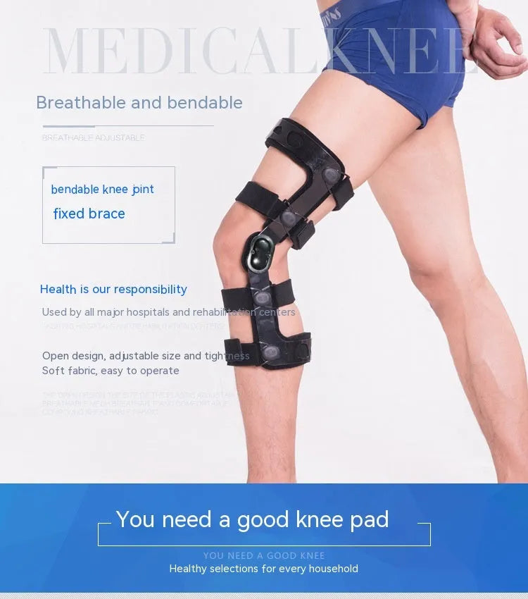 Black anterior ligament knee pad with metal hinge brace, showing left and right leg sizes.