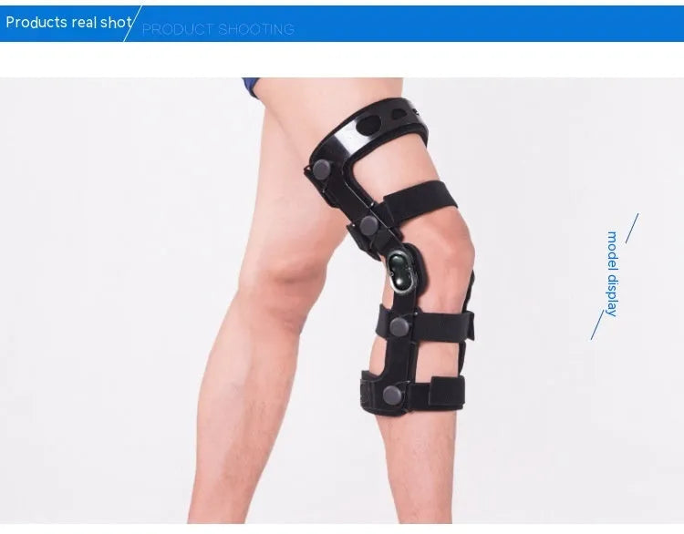 Black anterior ligament knee pad with metal hinge brace, showing left and right leg sizes.