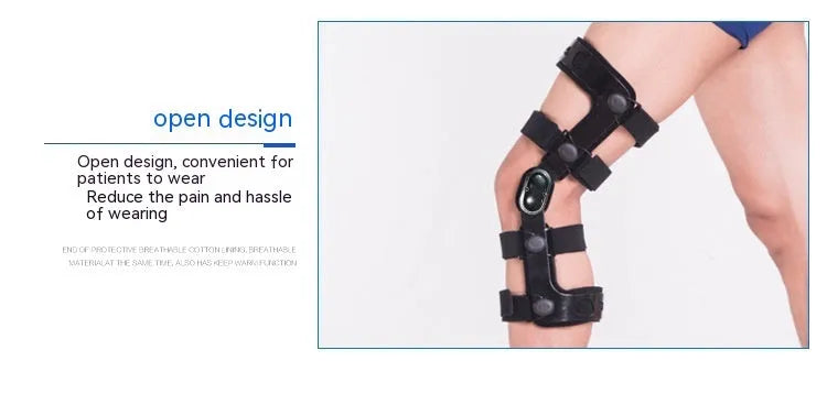 Black anterior ligament knee pad with metal hinge brace, showing left and right leg sizes.