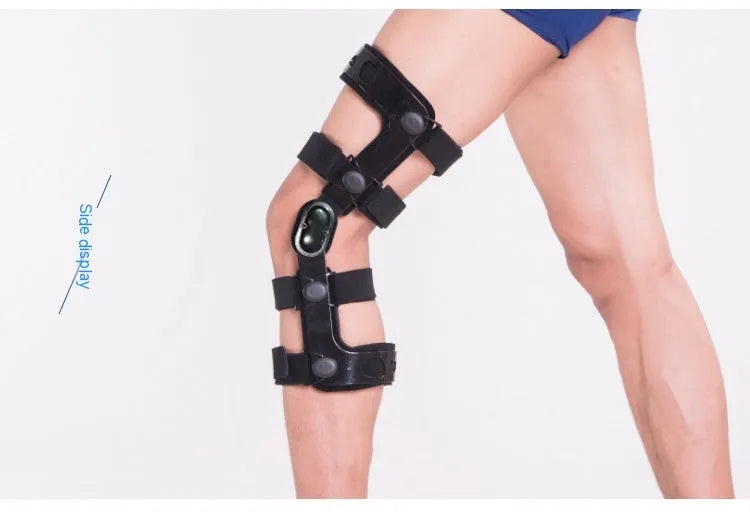Black anterior ligament knee pad with metal hinge brace, showing left and right leg sizes.